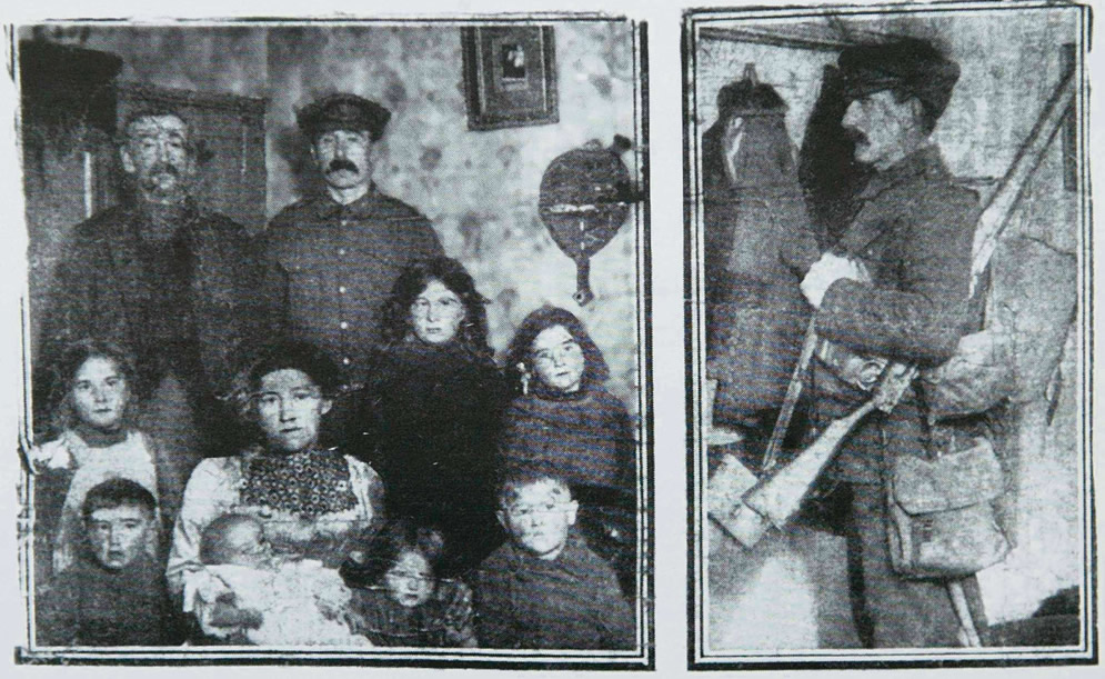 NATIONAL HERO: Private Kenny's bravery was used as propaganda. These pictures were released to the newspapers by the Government with the caption: "The example of the married man: Private Thomas Kenny, the Durham miner VC, photographed with his wife and seven children and his father just before he bids them goodbye to go back and spend his Christmas in the trenches